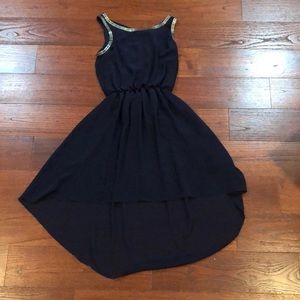 Navy blue dress with gold chain accent